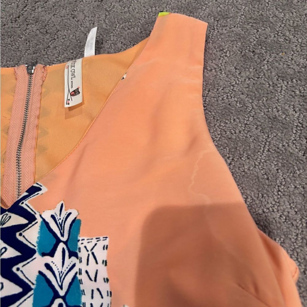 PINK OWL Sleeveless Peach/Navy Geo Shift Dress w/ Emb details Sz M EUC - Picture 8 of 11